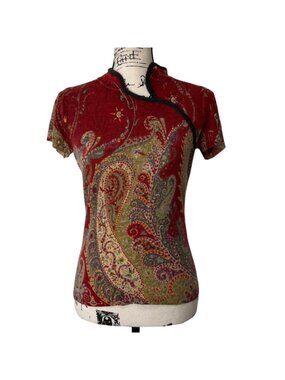 Neiman Marcus Womens Size S Cashmere Paisley Sweater Red Short Sleeve Asian